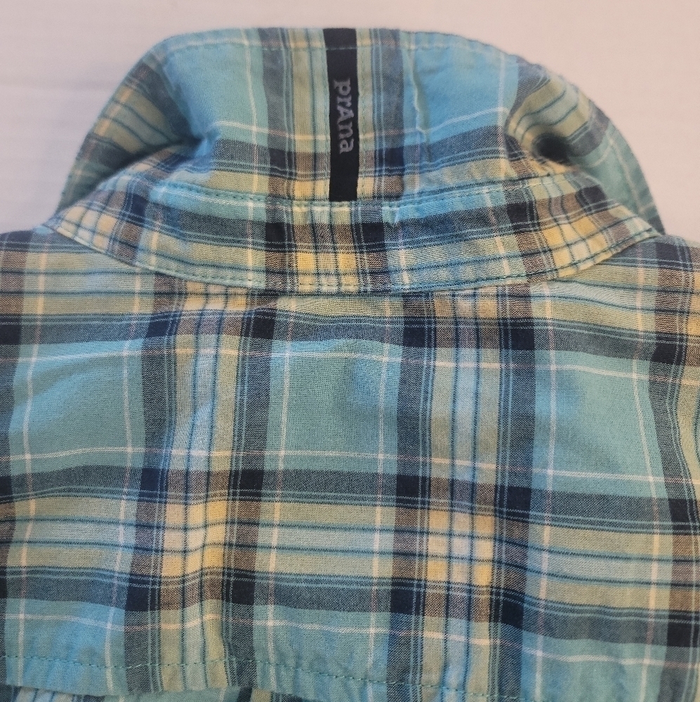 Mend PrAna shirt GRADEN Collared Short Sleeve Button Up Plaid Teal SZ L - Picture 5 of 8